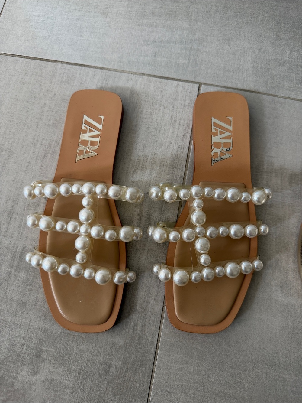 Zara Tan Slide Sandals with Pearl Straps